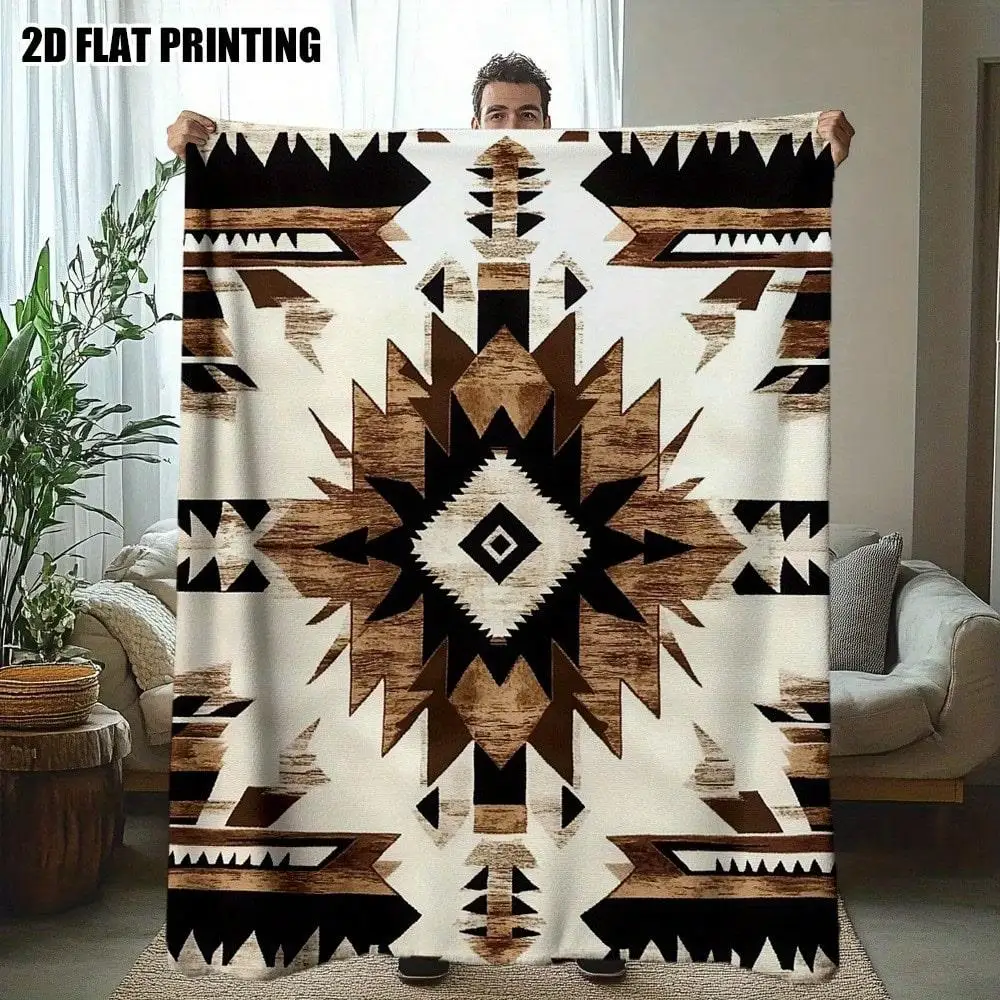 Brown White Navajo Totem Symmetrical Pattern Soft Cozy Throw Blanket for Sofa Bed Rustic Elegance