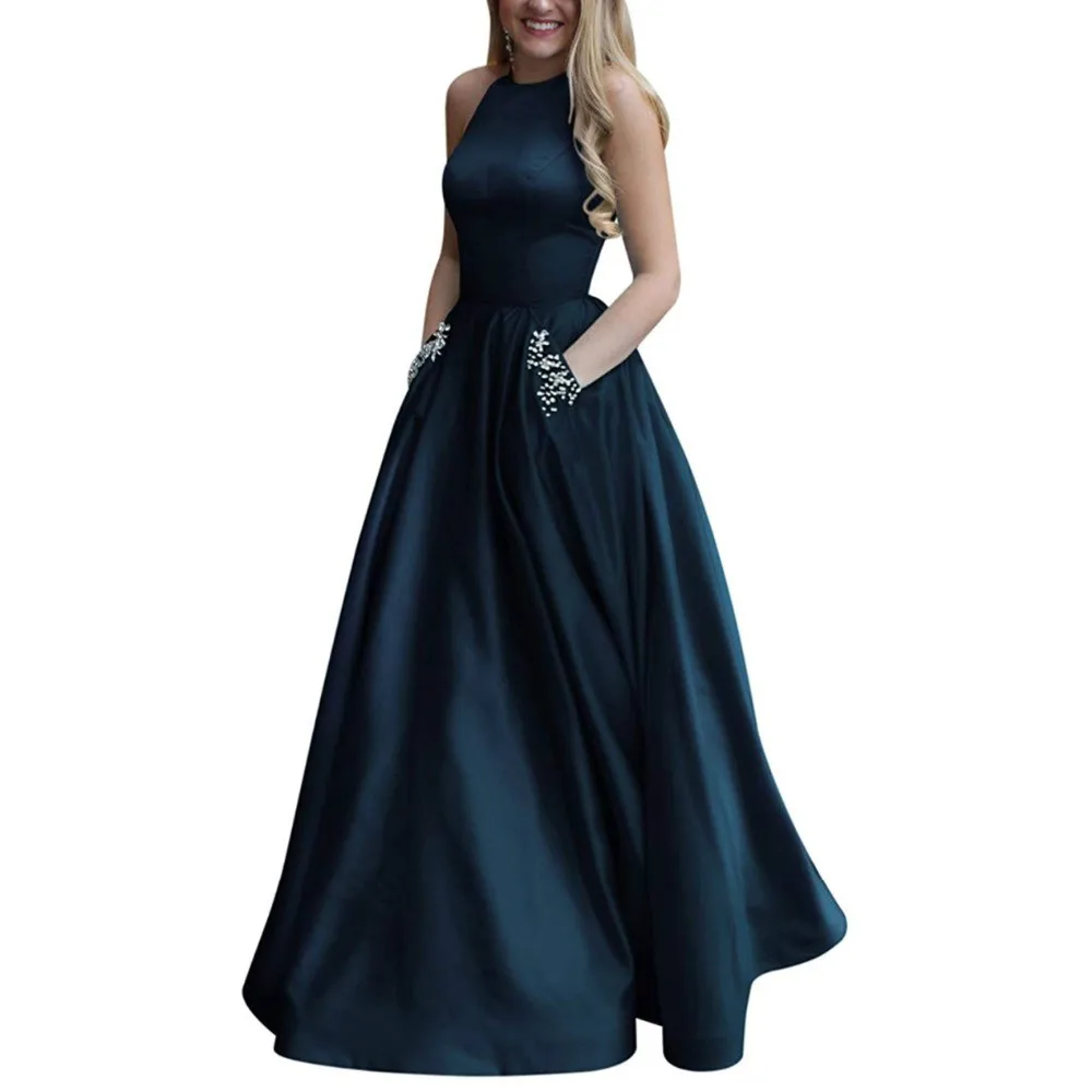 New arrival sexy party evening dresses Vestido de Festa A-line prom dress beading pockets Robe De Soiree