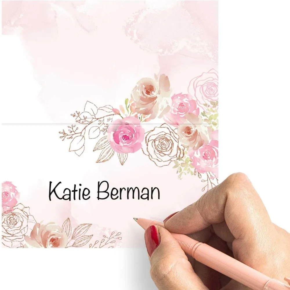 بطاقات مكان الزهور الوردية لإعداد الطاولة، 2 × 3.5 عبوة من 50 بطاقة مكان الزفاف الزهرية، بطاقات اسم الاستقبال الأنيقة، Gol الوردي