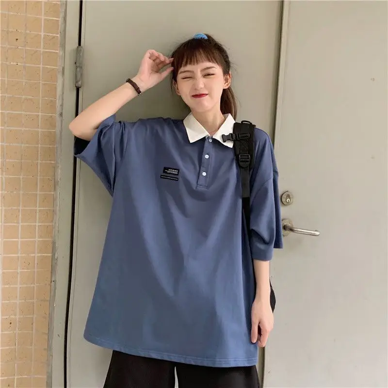 

Pure cotton Hong Kong style pure cotton polo shirt short sleeved T-shirt women lapel student summer oversize loose Korean top