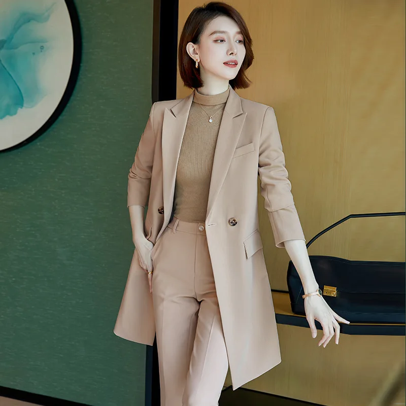 

Autumn Winter Women Business Suits Office Work Wear Formal Uniform Styles Pantsuits with Middle Long Windbreaker Trousers Set