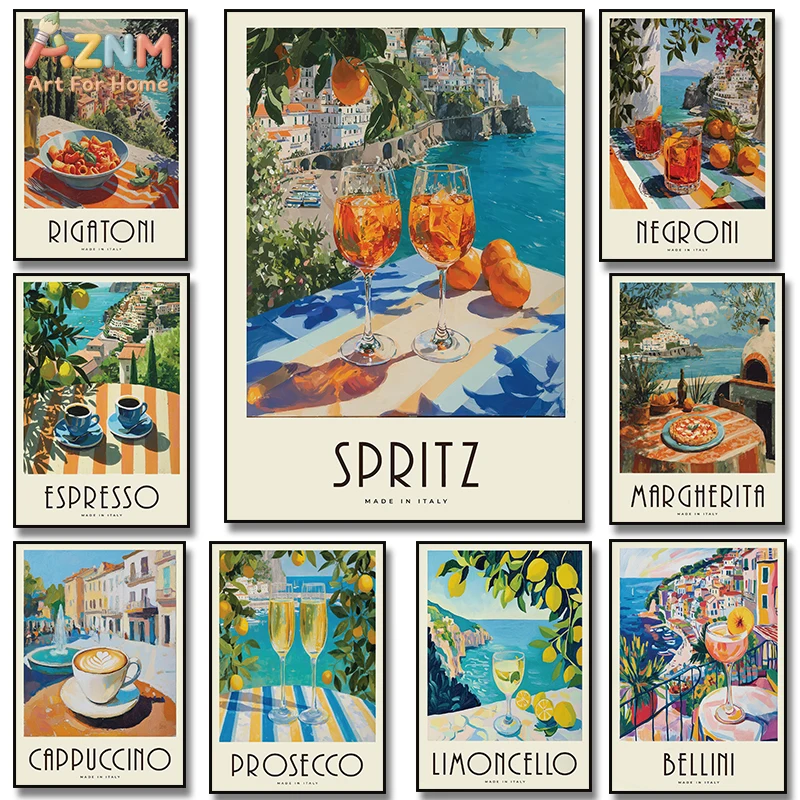 AZNM - Impresión en lienzo de arte de pared con diseño de cóctel costero italiano, Aperitivo Spritz, Negroni, Limoncello, para decoración de cocina