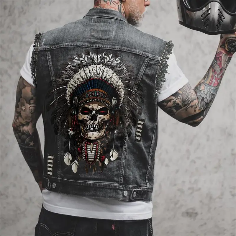 Men's Denim Vest 2024 Spring And Autumn New Denim Vest Printed Tribal Style Large Size Vest Coat