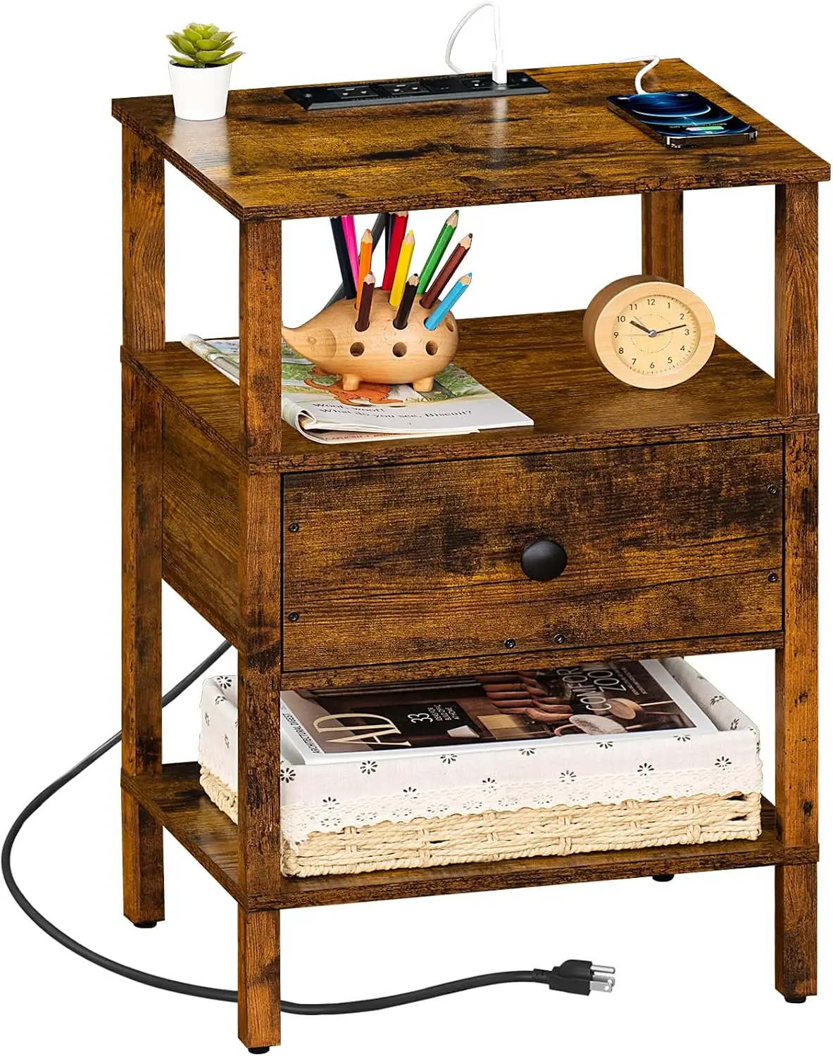 Nightstand with Charging Station and USB Ports, 3-Tier Storage End Table Drawer Shelf, Night Stand for Small Spaces, Wood