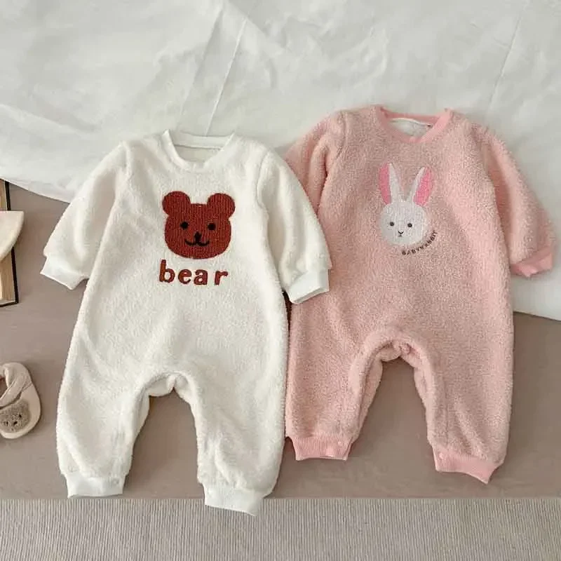 

Cute Baby Romper 2023 Winter Newborn Boy Girl Long Sleeve Cartoon Bear Rabbit Polar Fleece Thicken Warm Jumpsuit Outwear Clothes