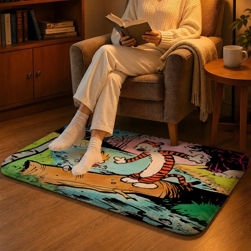 C-Calvin and H-Hobbes anime cartoon Floor Mat Soft Flannel Non-Slip Rug Washable Floor Mat for Living Room Bedroom Home Decor