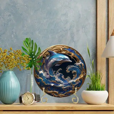 Klassisk rund metallkransskylt med delfintema, aluminiumdekor för hem, café, lägenhet, idealisk väggdekoration och julklapp 10 best sales dekorativ plakett - №6