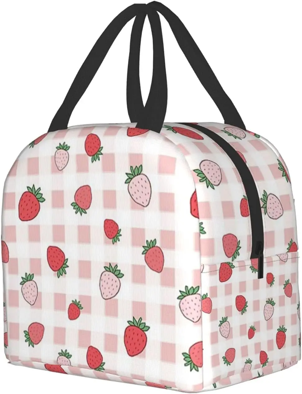 Unisex Pretty Pink Strawberry Lunch Bag, Durable Oxford Cloth with Aluminum Foil Insulation, Waterproof and Reusable