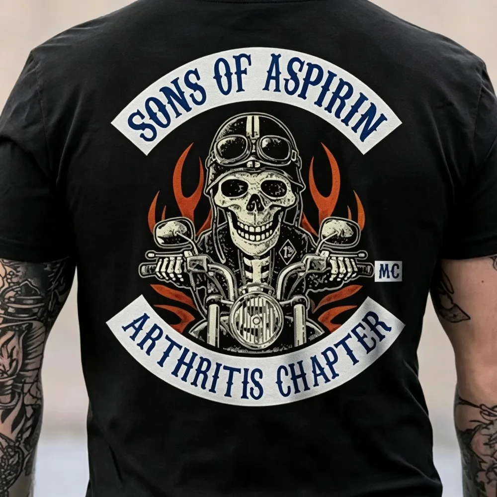 2026 New Arthritis Biker Club Skull Drop Shoulder T-shirt,   Funny Satire Moto Theme Street Loose Unisex Cool Tops