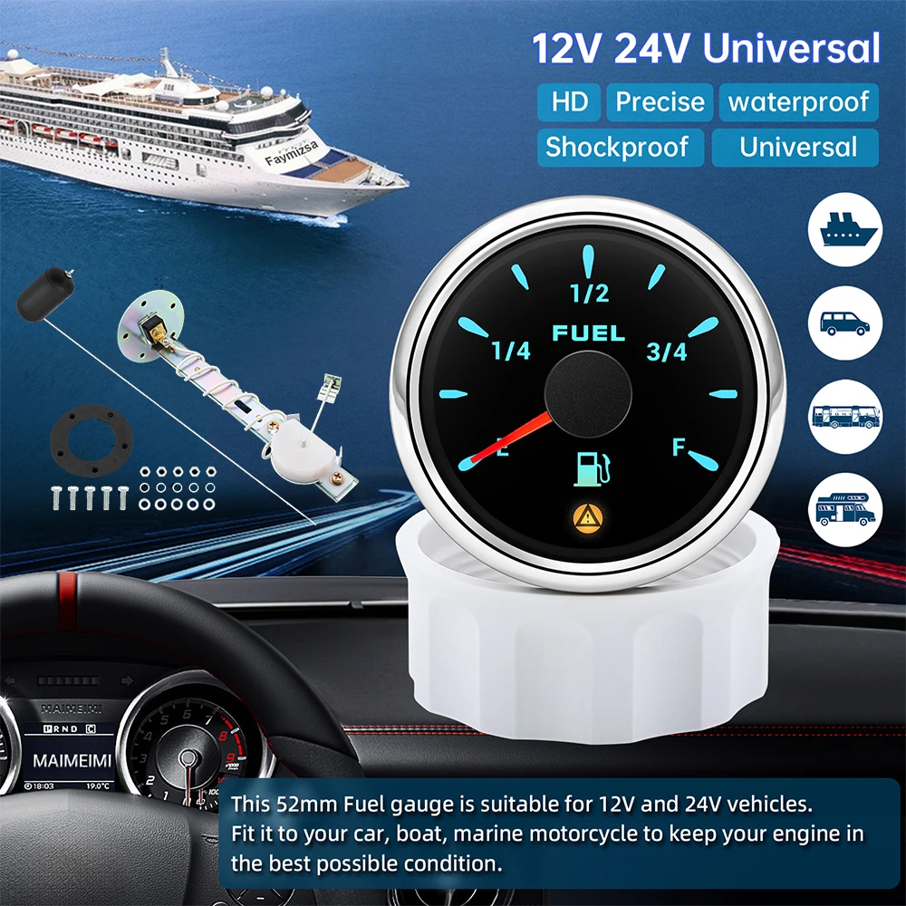 52mm Fuel Level Gauge With Flashing Alarm Adjustables 240~33ohm 0~90ohm 0~190ohm Fuel Float Sensor For Car Truck Boat Marine