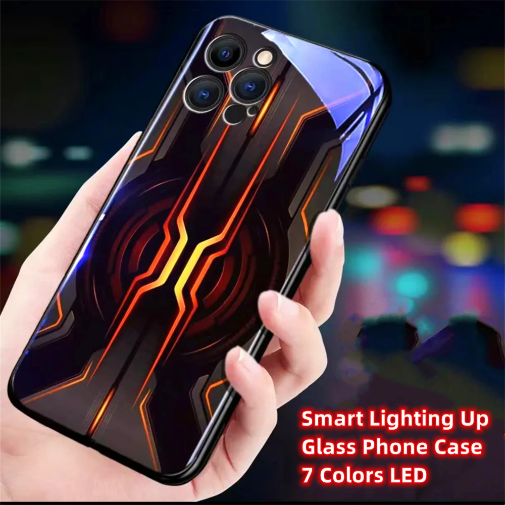 Technology Orange Light Smart LED Light Glowing Glass Phone Case For iPhone 16 15 14 13 12 11 Pro Max X XR XS Plus 7 8 SE2020