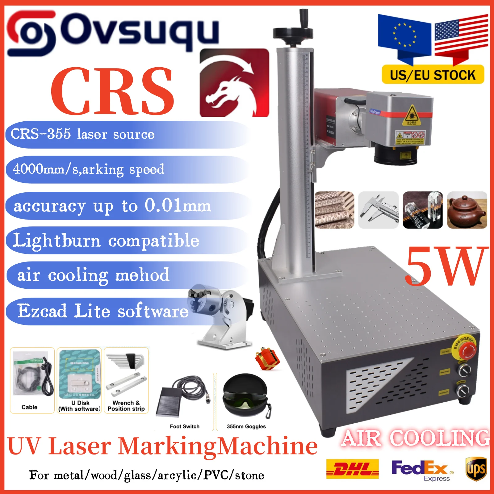 

CRS 5W UV Laser Air-cooled Marking Machine 355nm Compact and Portable UV Laser Engraving Machine,4000mm/s ,Metal Wood Acrylic