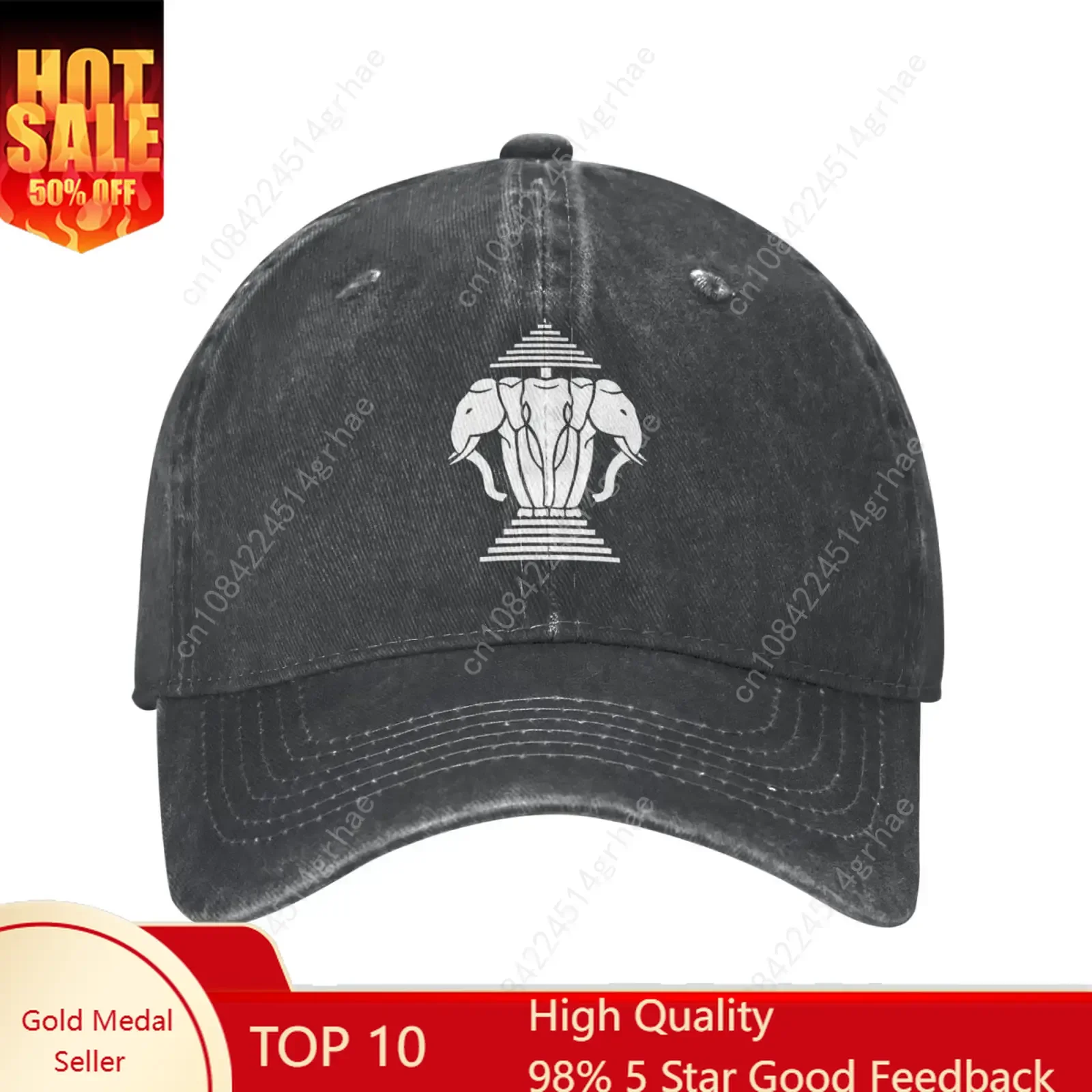 

Laos Three Headed Elephant Washed Denim Hats Casual Baseball Cap for Men Women Adjustable Trucker Hat