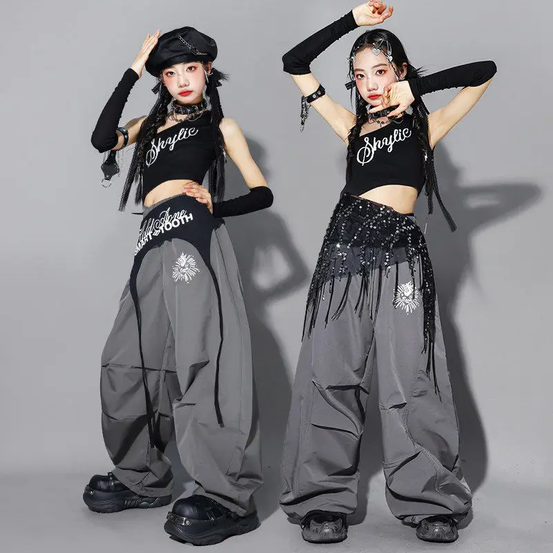 

Джазовый костюм для выступлений в стиле K-pop, черный жилет для девочек, серые брюки, одежда для городских танцев, одежда для уличных танцев, AMY3464