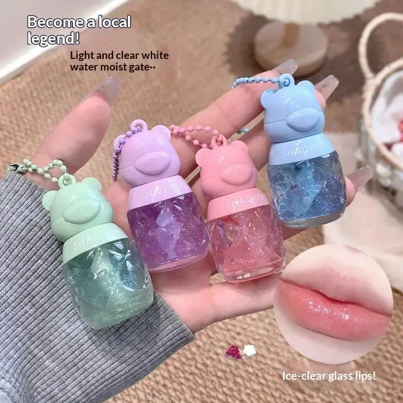 Bear Shaped Peach Shimmer Lip Oil Non-Greasy Fast Absorbing Moisturizing Plumping for Daily Travel