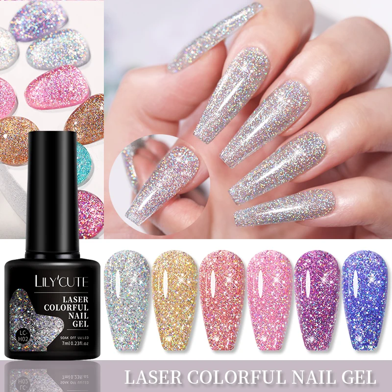 LILYCUTE 7 ml Holografische Glitter Gel Nagellak Lente Kleur Fonkelende Pailletten Losweken UV LED Vernis Nail Art decoratie