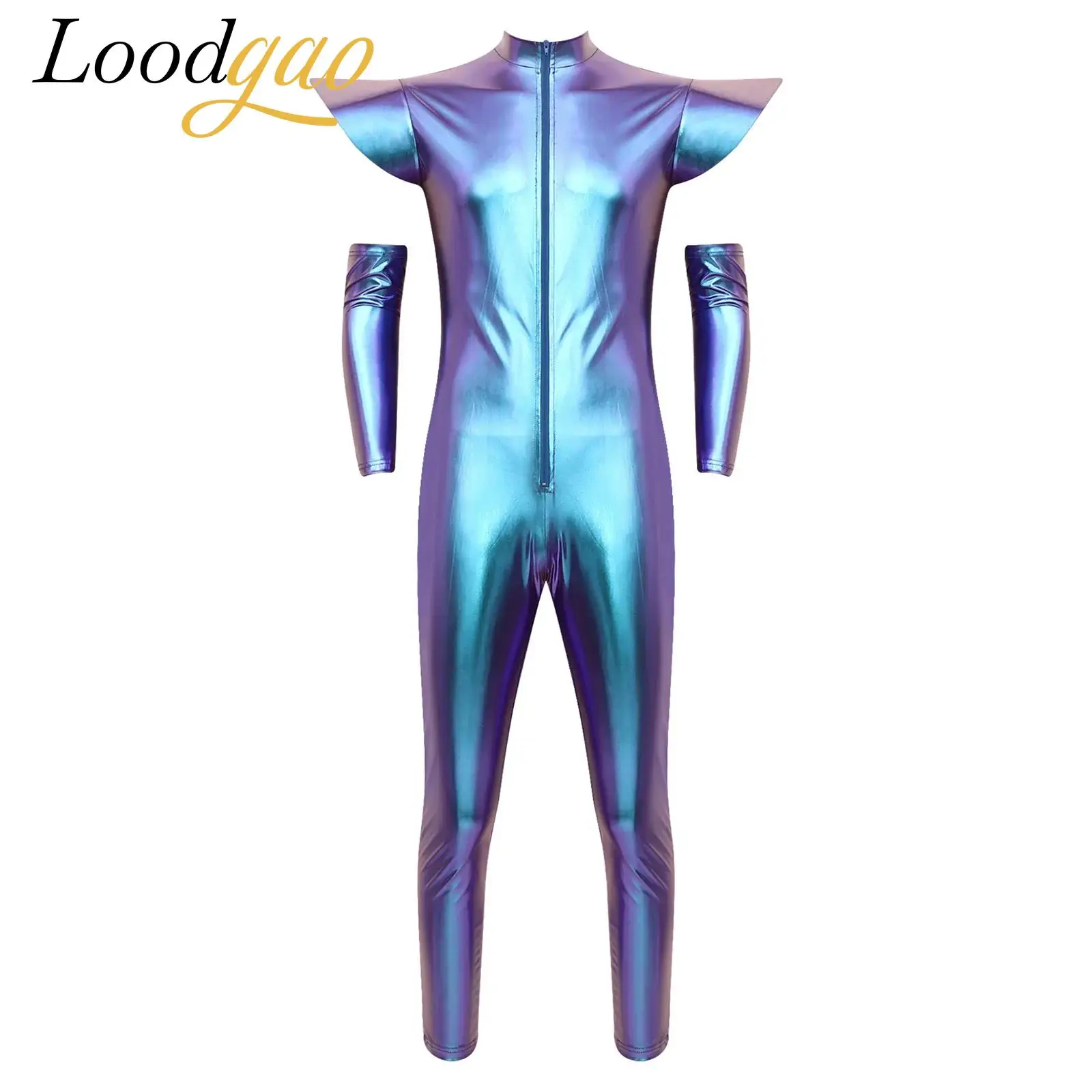 Men Disco Outfit Alien Halloween Costume Jumpsuit Metallic Shiny Bodysuits Unitard Catsuit Clubwear for Rave Outer Space Cosplay