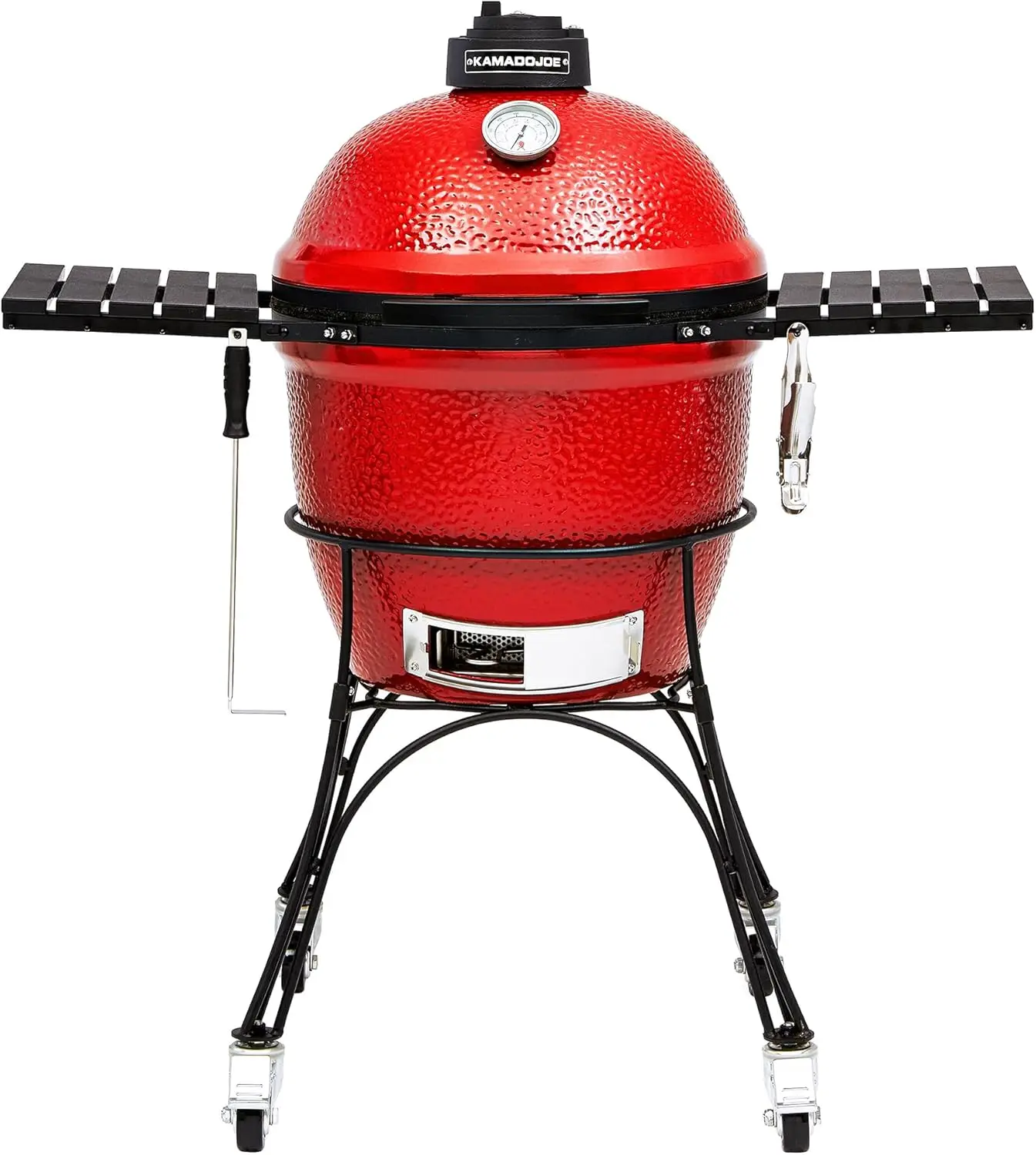 

Red with Cart, Side Shelves, Grill Gripper, and Ash Tool. 250 Cooking Square Inches, 2 Tier Cooking System, Model KJ23RH