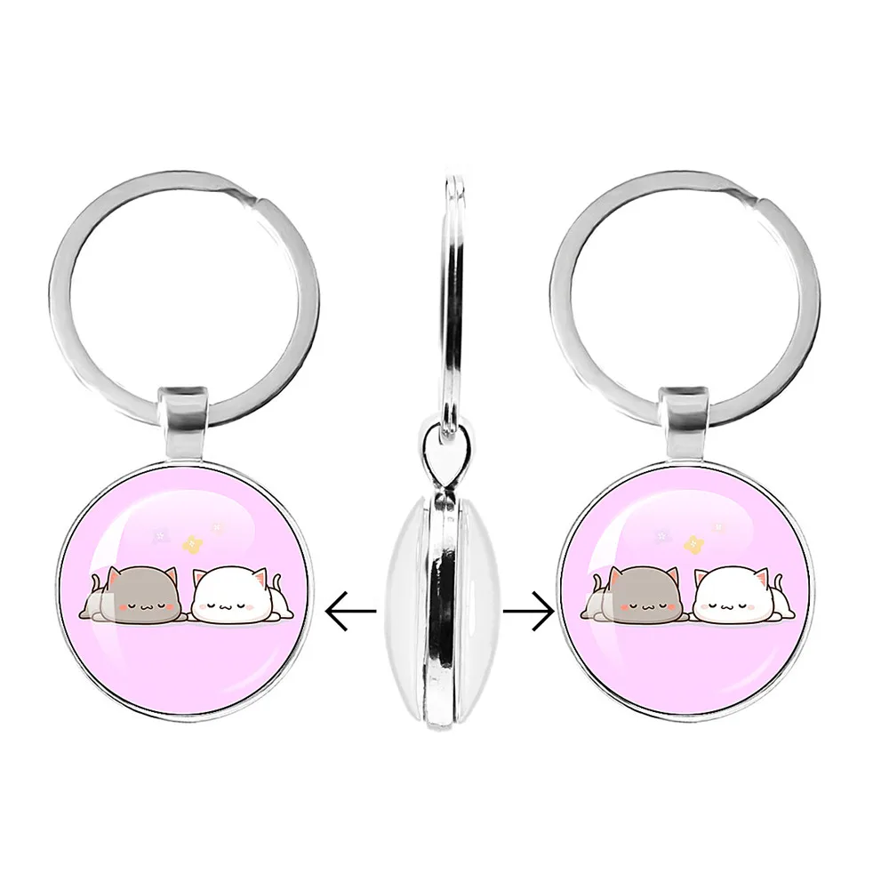 Mitao Cat Glass Keychain Cute Couple Peach Cat Schoolbag Cat Double sided Keychain Charm Keyring Jewelry Gifts For Friends