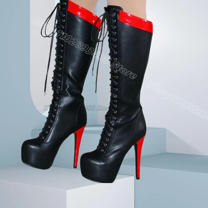 

Patchwork Design Platform Knee Boots Side Zipper Stiletto Lace up Women Casual Party Fashion Knee Boots 2025 Zapatos Para Mujere