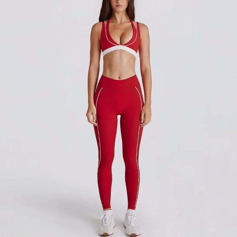 Fashionable And Sexy 2-Pcs Set Of Contrasting White Striped Running And Fitness Pants V-Neck Halter pants Bras And Yoga Wear