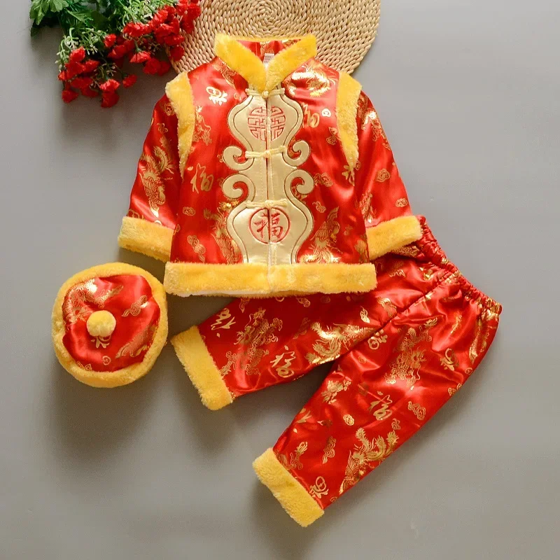 Tang terno traje tradicional chinês para bebês recém-nascidos meninos meninas bordado inverno vermelho presente de aniversário de ano novo sapatos de natal