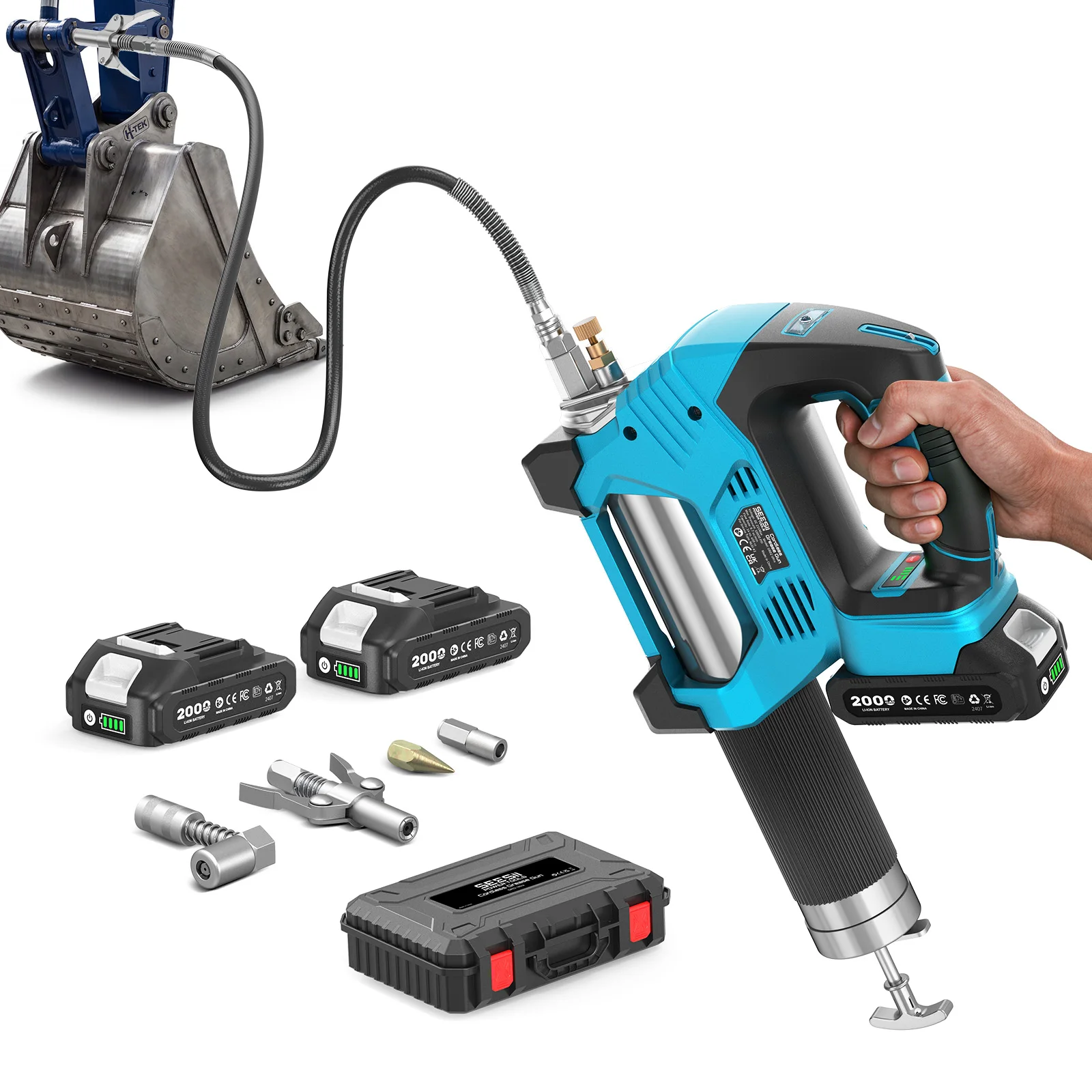Image of Seesii 6,7 Oz/min Elektrische Fettpresse Set Bürstenlos 12000 PSI Hochdruck-Schmiermaschine Ölwerkzeug-Set mit 2,0 Ah Akku 39,4 Zoll Flexibler Schlauch LED-Licht