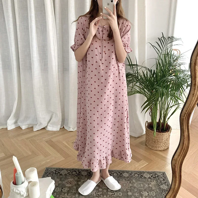 Heart Print Summer Nightgown Women O-Neck Ruffles Short Sleeve Cotton Loose Sleepwear Sweet Vintage Kawaii Homewear Purple 2022