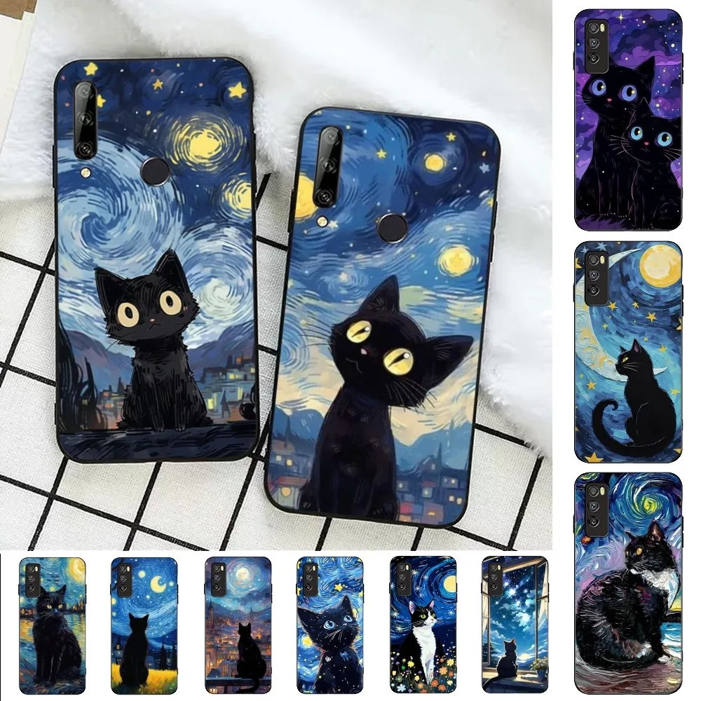 Starry Sky Black Cat Phone Case For Huawei Honor 10 Lite 9 20 7A 9X 30 50 60 70 Pro Plus Soft Silicone Cover