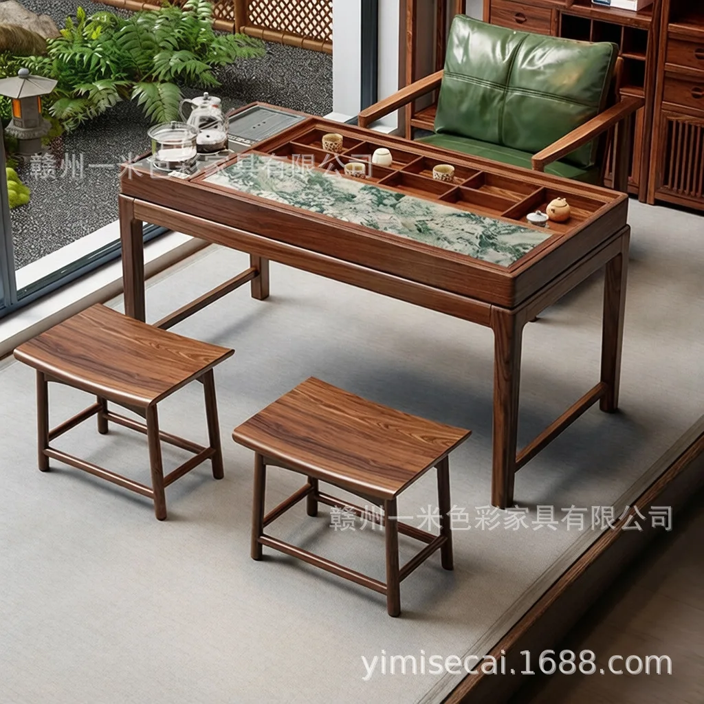 HYS balcony tea table household living room solid wood tea table and chair combination Song's aesthetics advanced rock slab