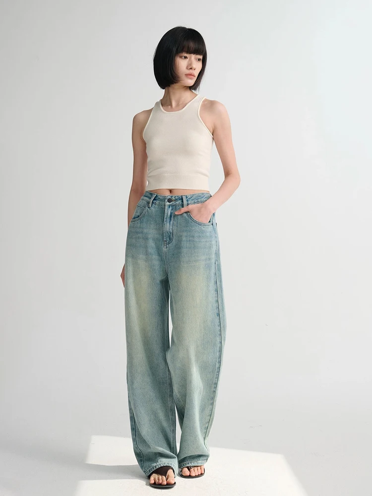 High Waist Wide Leg Denim Jeans Women's Vintage Faded Draped Loose Straight Long Pants Retro Sle Cotton Fabric Ladies Jeans