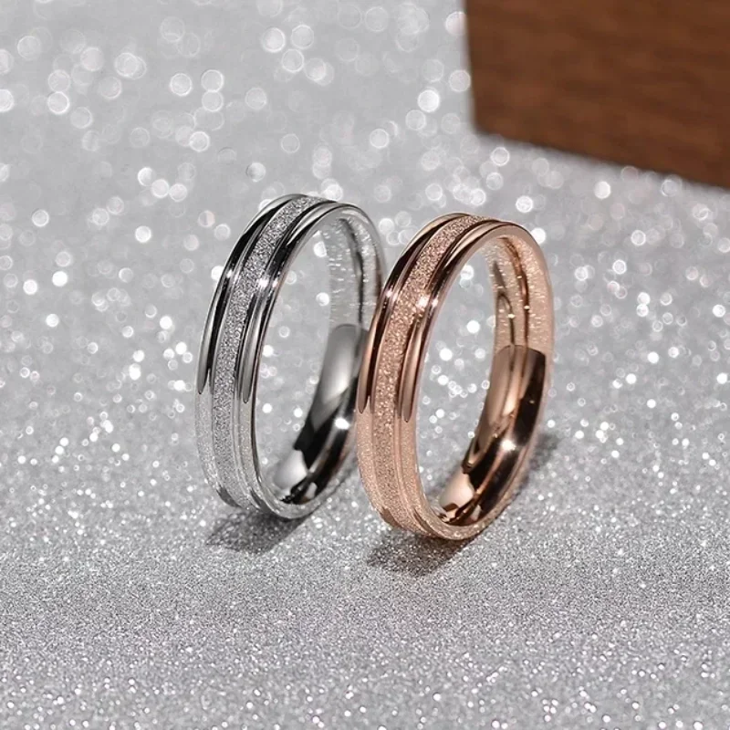 High Quality Simple Scrub Stainless Steel Luxury Fashion Titanium Women 's Rings 4MM Width Gold Color for Wedding Girl Jewelry