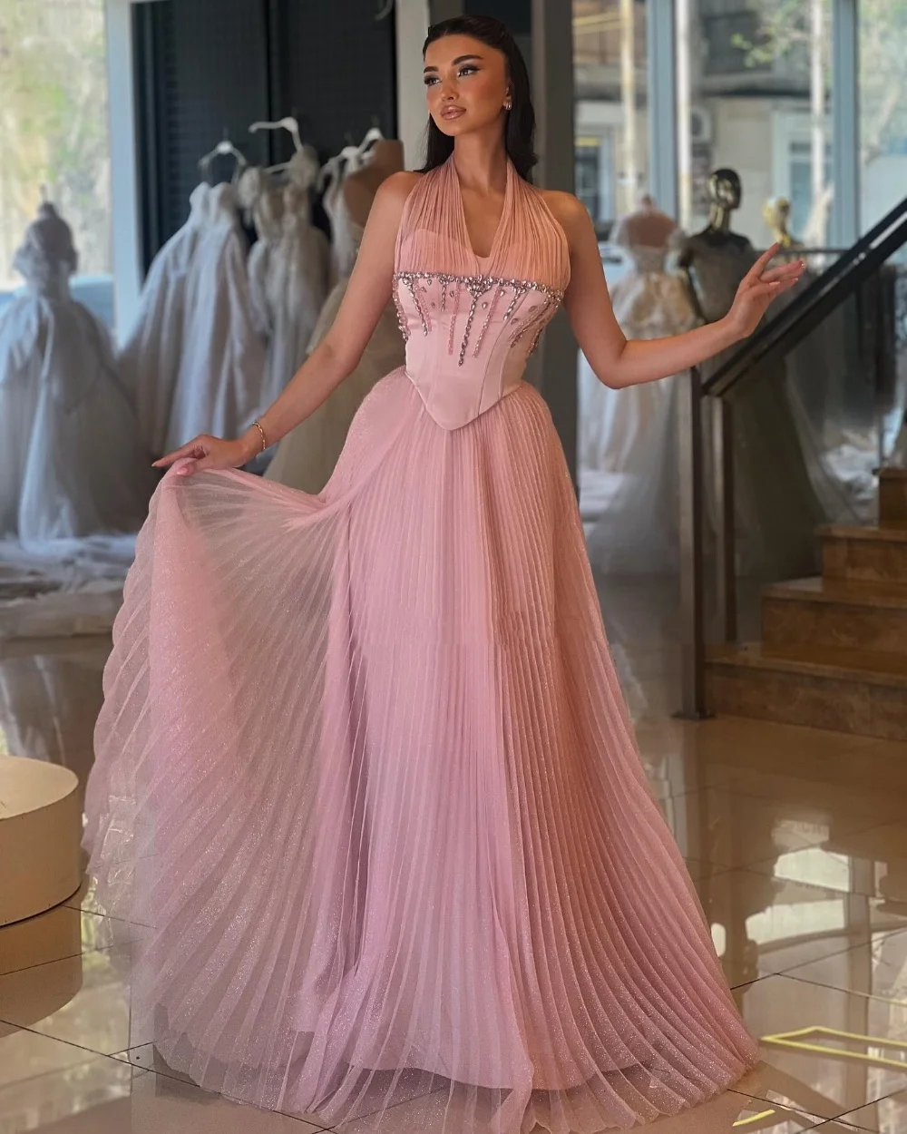 

Customized Modern Style Exquisite Organza Draped Rhinestone Beading Straight Halter Long Dresses Bespoke Occasion Dresses Formal