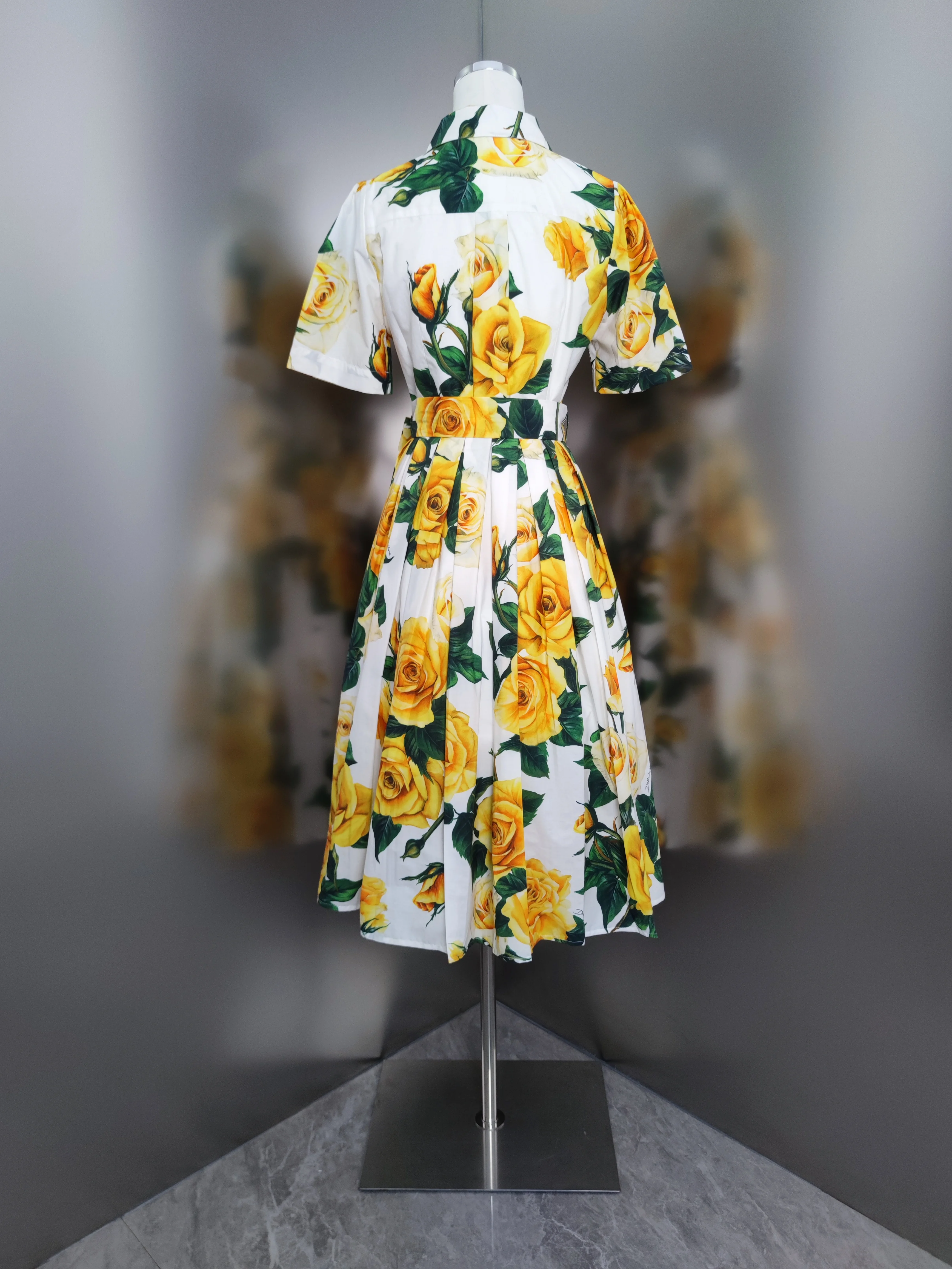 100% Cotton Dress 2024 Summer Women\'s casual yellow rose print dress with waist tucked and lapel shirt dress