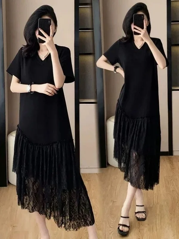 Coréen Sle dentelle épissure surdimensionné v-ne t-shirt Dr femmes Ele polyvalent pull Dr été décontracté a-ligne jupe