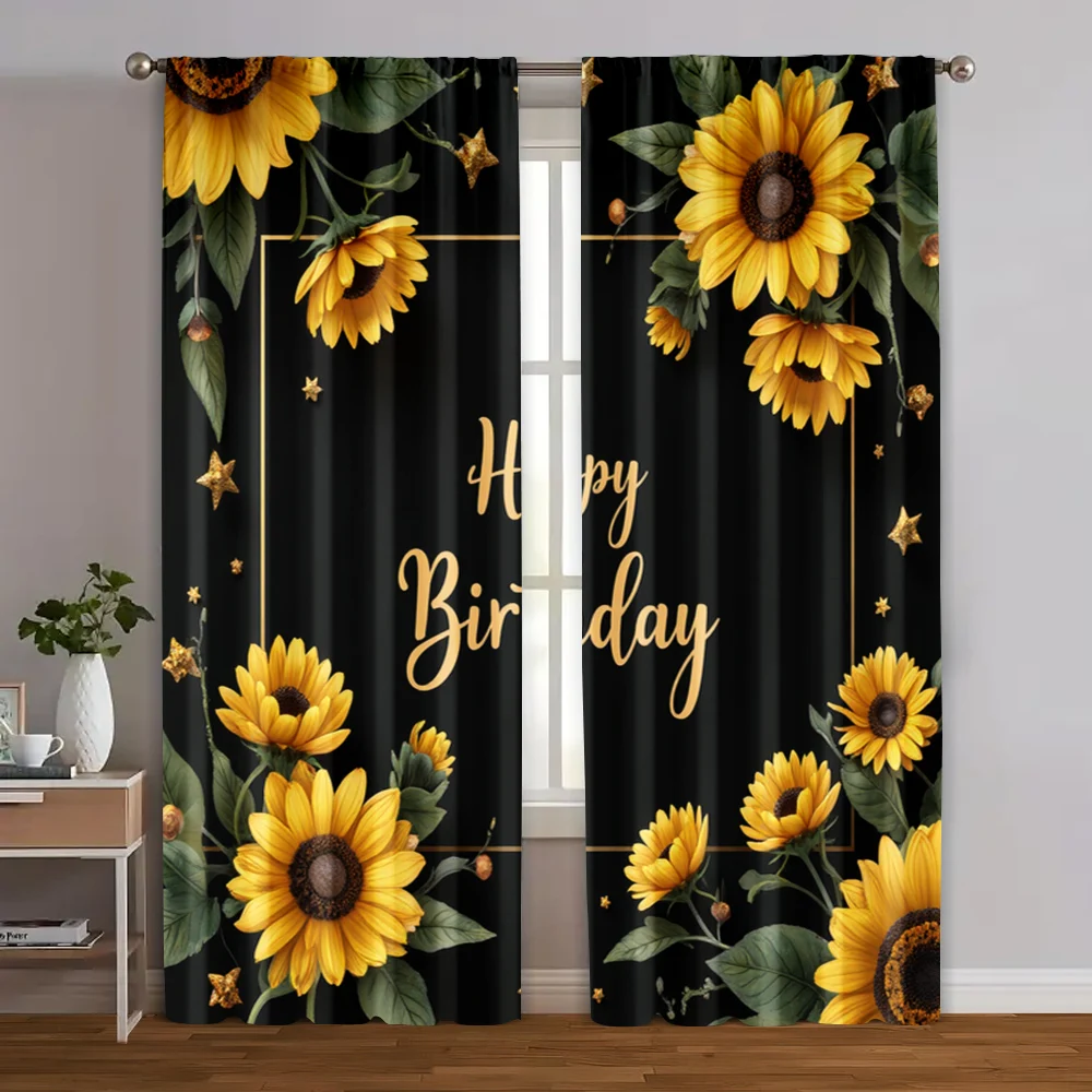 

2pcs, Curtains Digital Printed 2D print Sunflower Happy Birthday Durable 100% Polyester Fabric (without rod) Room Decor Use for