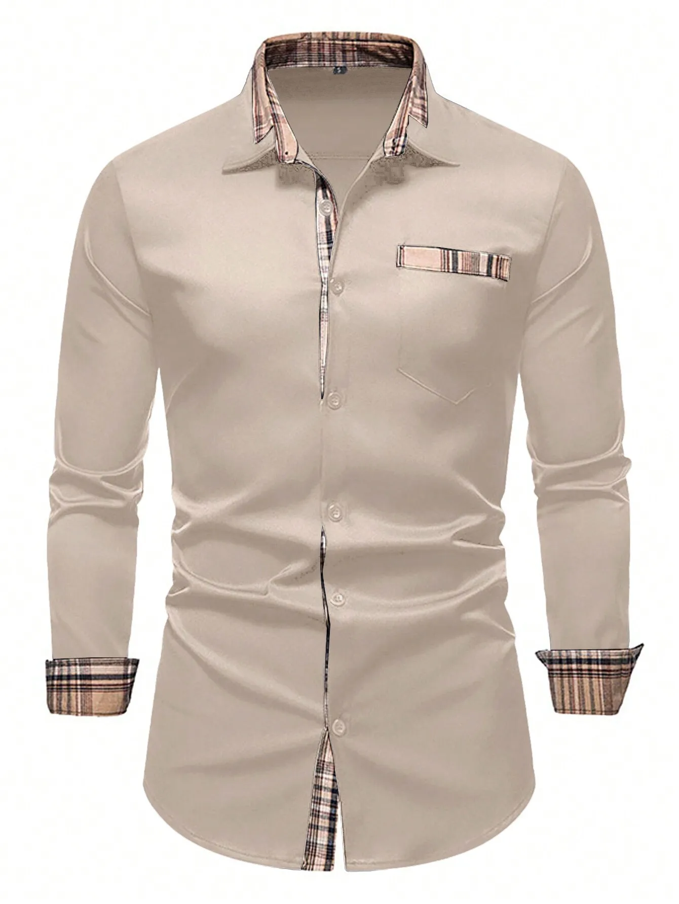 

Men's Beige Casual Button-Up Shirt with Plaid Trim Collar Cuffs Pocket