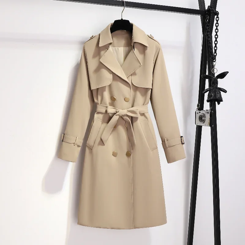 

Autumn Korean Mid-length Khaki Trench Coat With Belt Women Casual Lapel Double-breasted Long-sleeve Windbreaker Overcoat Black