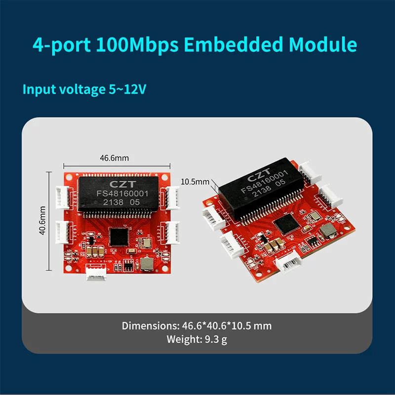 Mini 100 Mbps 4-port embedded PCBA switch designed for industrial automation, supporting a wide range of 5–12 VDC input voltages