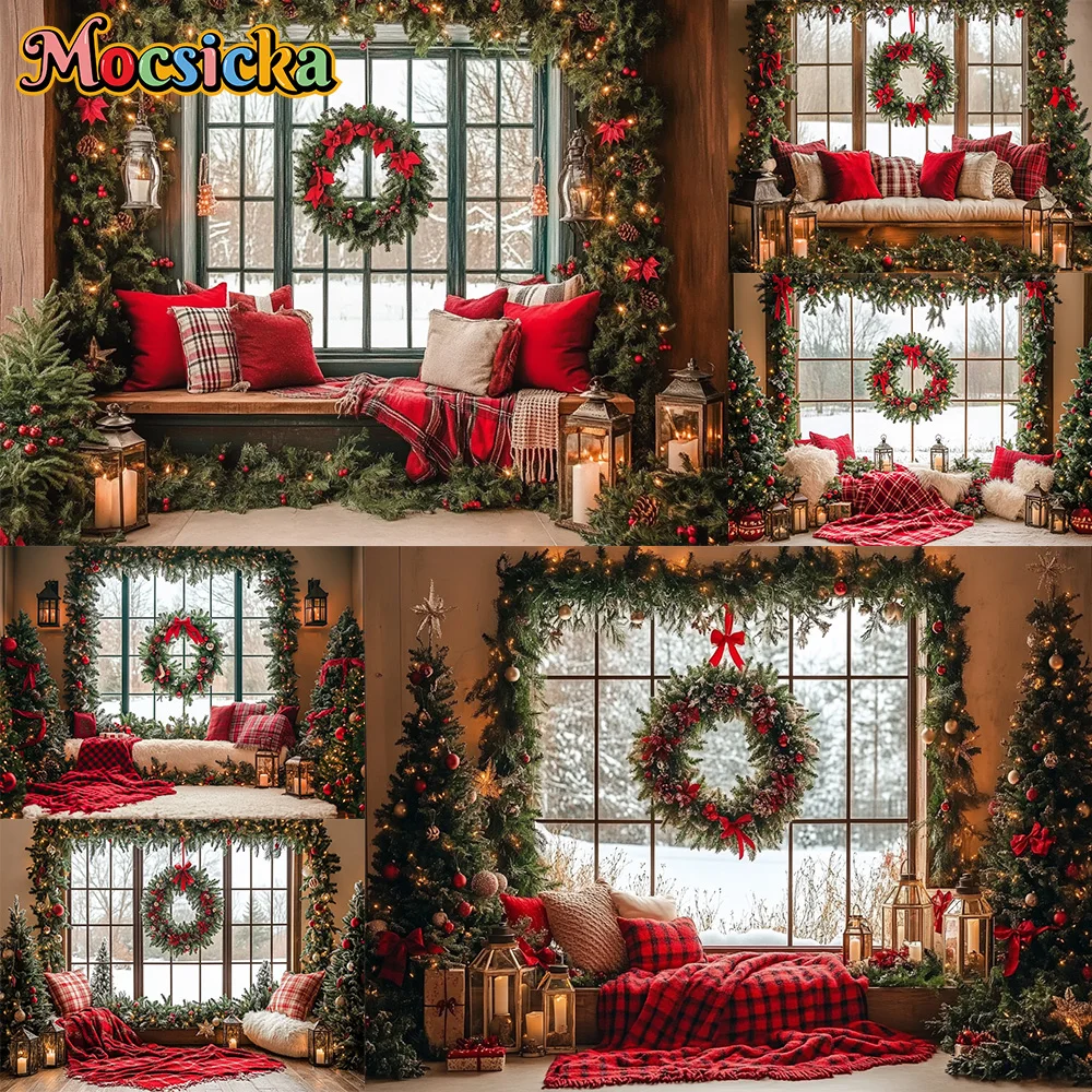 

Mocsicka Photography Backdrop Garland Sofa Plaid Pillow Christmas Decoration Kids New Year Portrait Backgrounds For Photographs