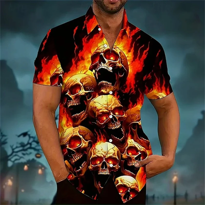 

Мужская рубашка с пламенными черепами на Хэллоуин, рубашка на пуговицах с 3D принтом, с коротким рукавом, темный панк, готический стиль, праздничная уличная одежда, дропшиппинг