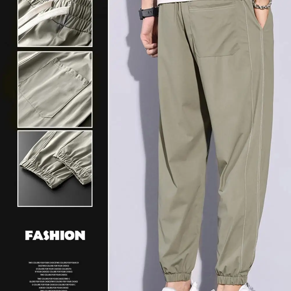 Men Summer Pants Ankle-banded Elastic Waist Solid Color Thin Cooling Sports Drawstring Plus Size Breathable Ice Silk Ninth Pants