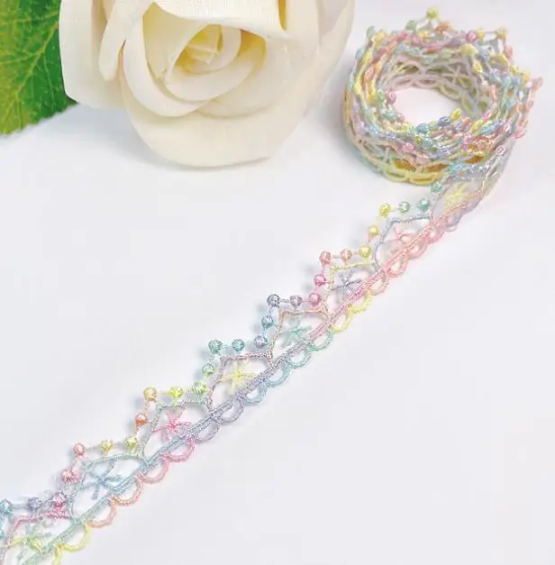 2 Yards Rainbow Lace Trim Craft Flower Polyester Lace Fabric Venise Floral Embroidered Applique Decorated Lace Ribbon 1.6cm