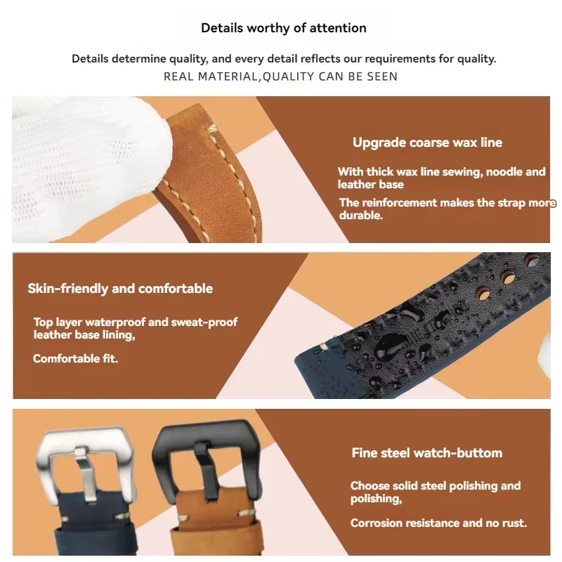 حزام ساعة من جلد الحصان المجنون للرجال ، إكسسوارات من جلد البقر ، PAM441 البحر السمين ، Lumino PAM1086 ، 22 ، 24 ، 26