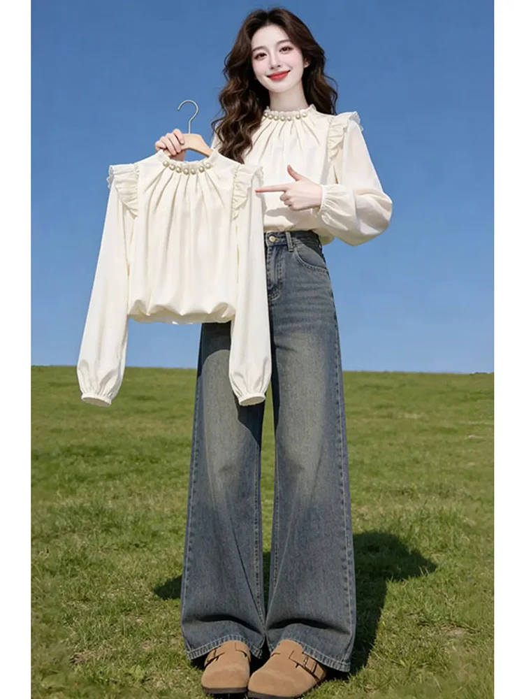 

Elegant Slimming Shirt for Women Casual Loose Fit Long Sleeve round Neck Pure Color Daily Wear Comfortable Fabric Spring New