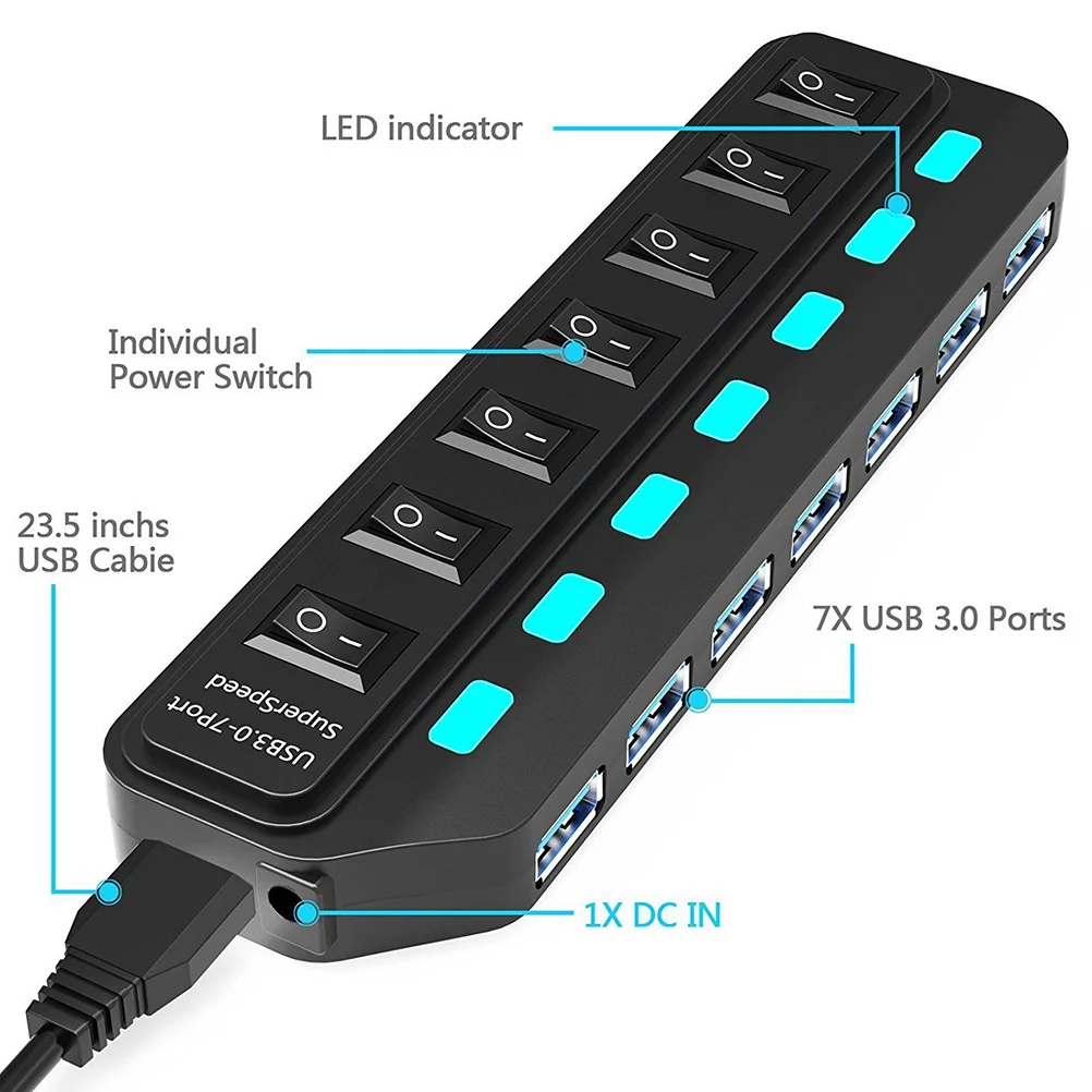 

7-портовый высокоскоростной конвертер USB 3.0 Usb3.0 для компьютера, ноутбука, многофункциональная система Plug Play, 7-портовый удлинитель концентратора