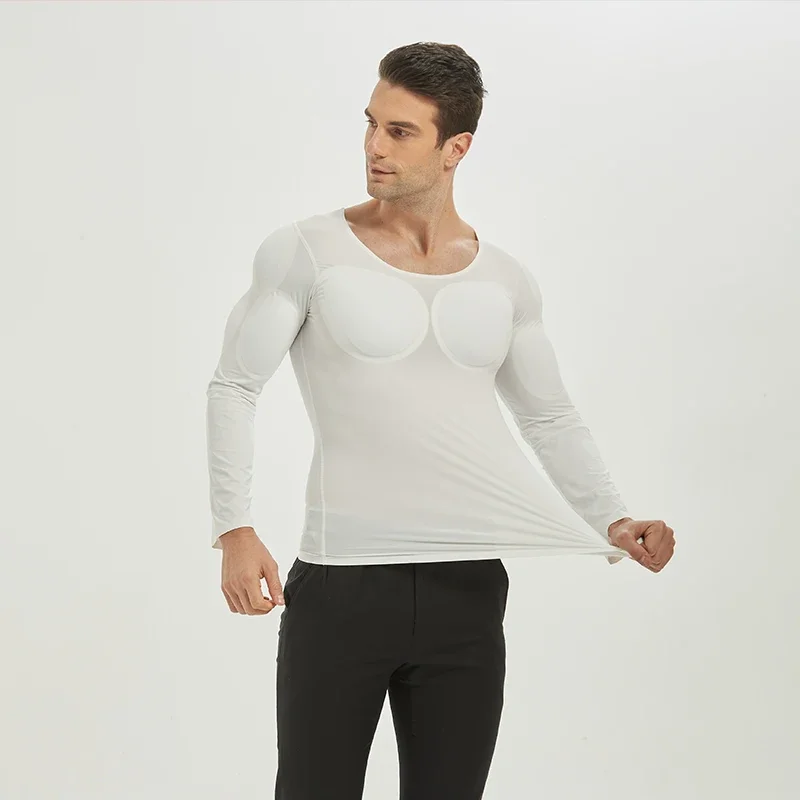 Man Fake Muscle Body Shaper Chest Sponge T-Shirt Cosplay Invisible Abdominal Arm Pad Top Underwear Fitness Suit for Model Party