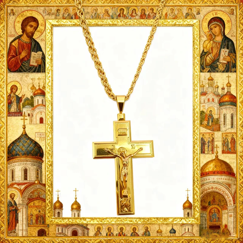 

New 2026 High quality pectoral cross orthodox chirst Jesus crucifix pendants red rhinestones chain gold religious Jewelry pastor