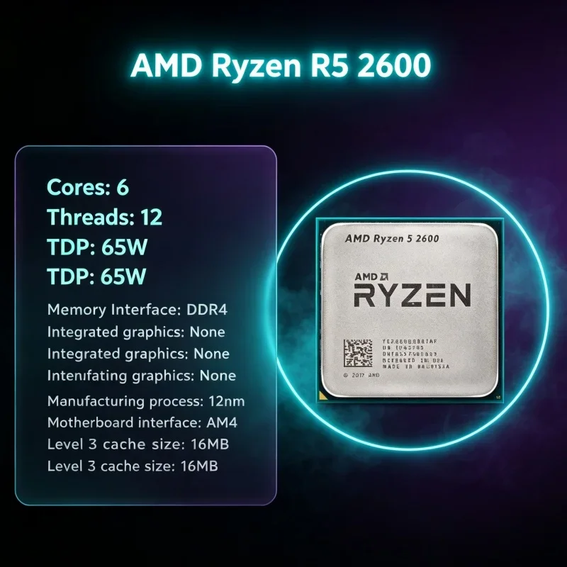 AMD Ryzen 5 2600 CPU AM4 Socket 6-Core 12-Thread 3.4GHz 65W Budget Gaming Build DDR4-2933 Dual Channel R5 2600