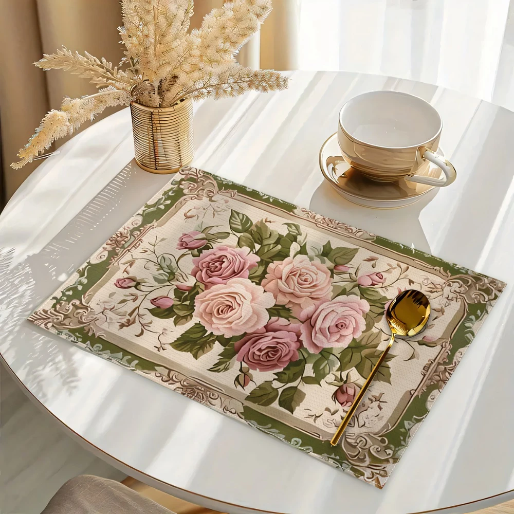 French Luxury Rococo Floral Plant Heat Resistant Washable Table Placemats Kitchen Dining Decor 4 Piece Set
